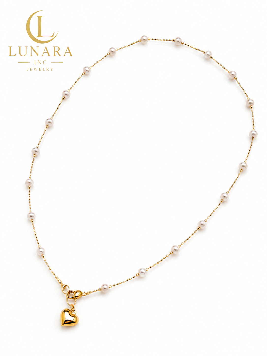 Lunara Gold Pearl Heart Charm Necklace – Dainty Station Pearl Necklace for Women