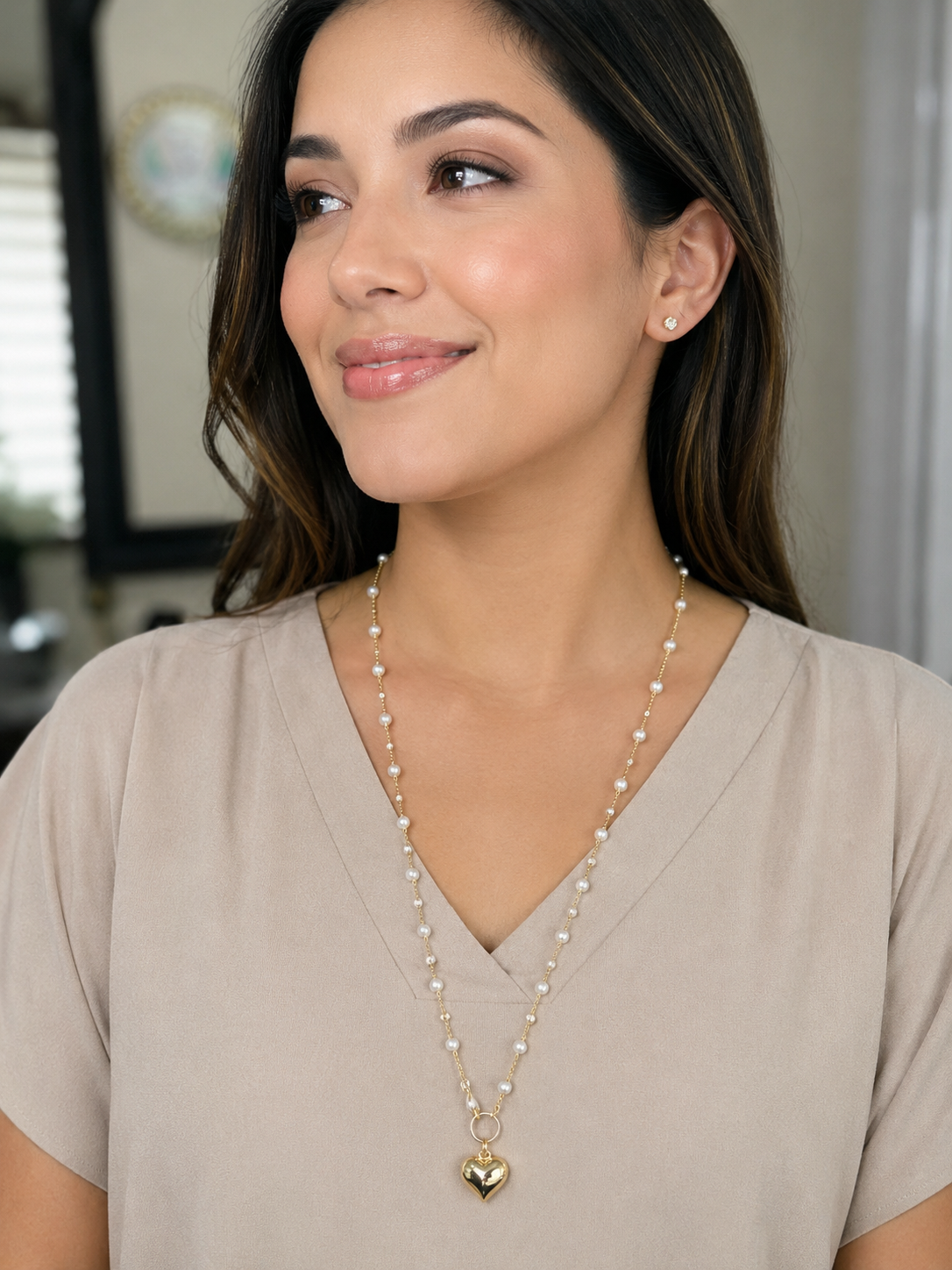 Lunara Gold Pearl Heart Charm Necklace – Dainty Station Pearl Necklace for Women