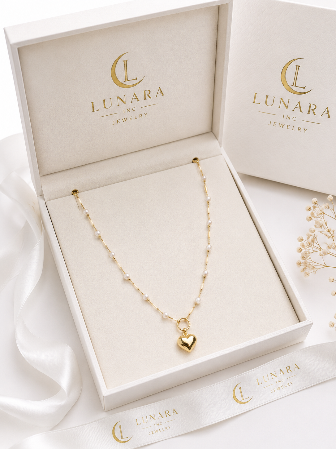 Lunara Gold Pearl Heart Charm Necklace – Dainty Station Pearl Necklace for Women