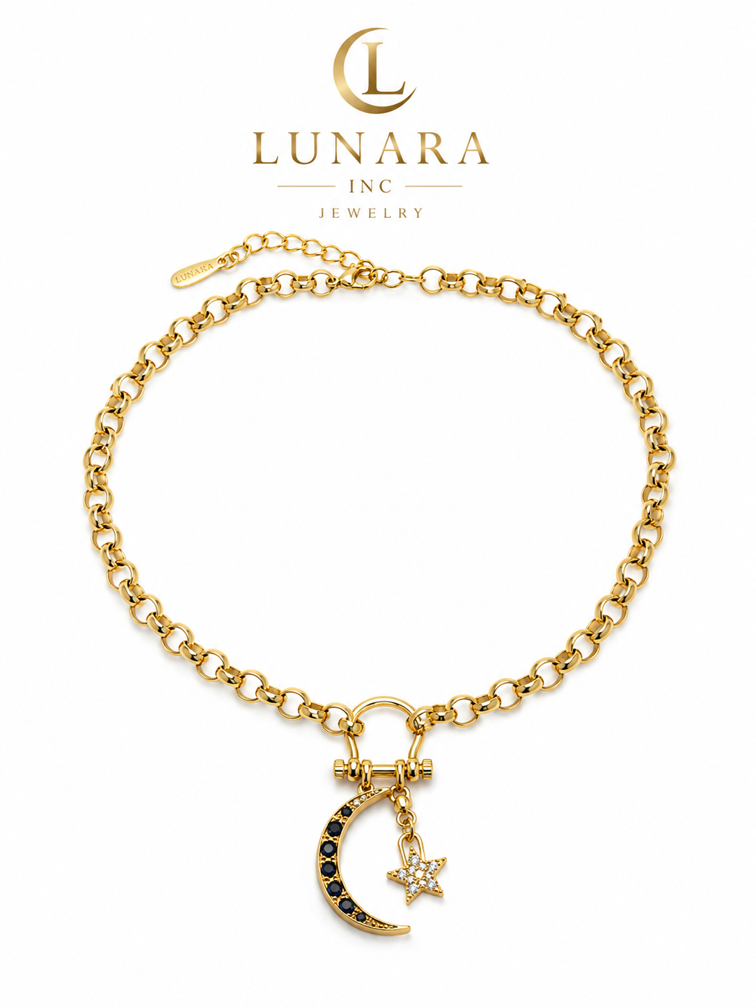 Lunara Moon & Star Charm Necklace – Gold Toggle Chain with Black CZ Crescent