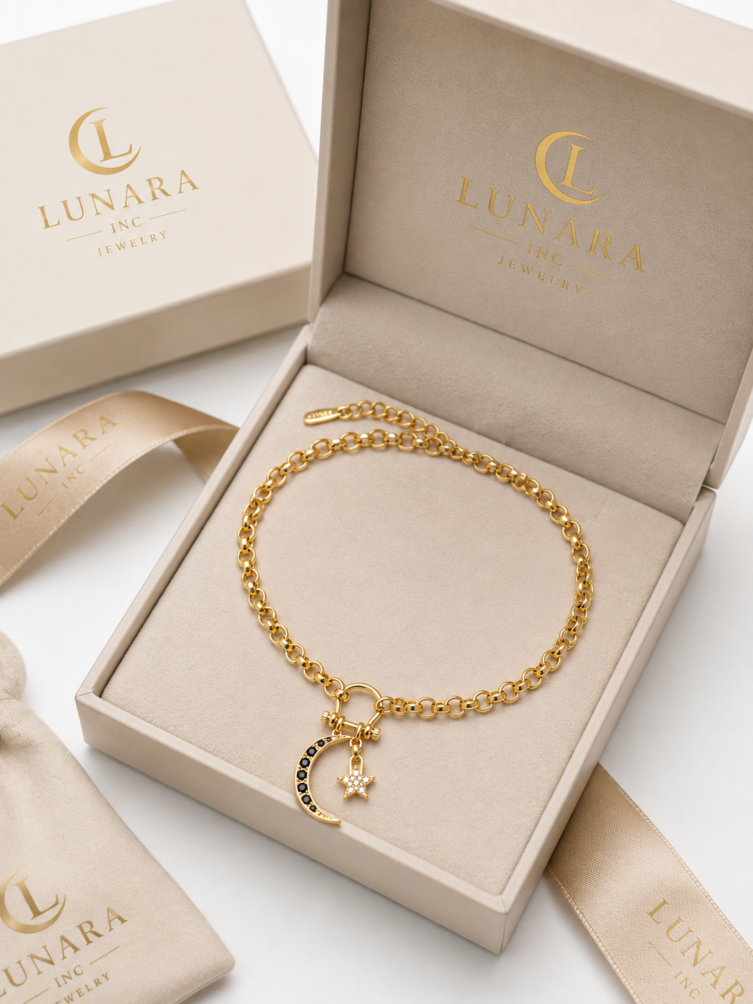 Lunara Moon & Star Charm Necklace – Gold Toggle Chain with Black CZ Crescent