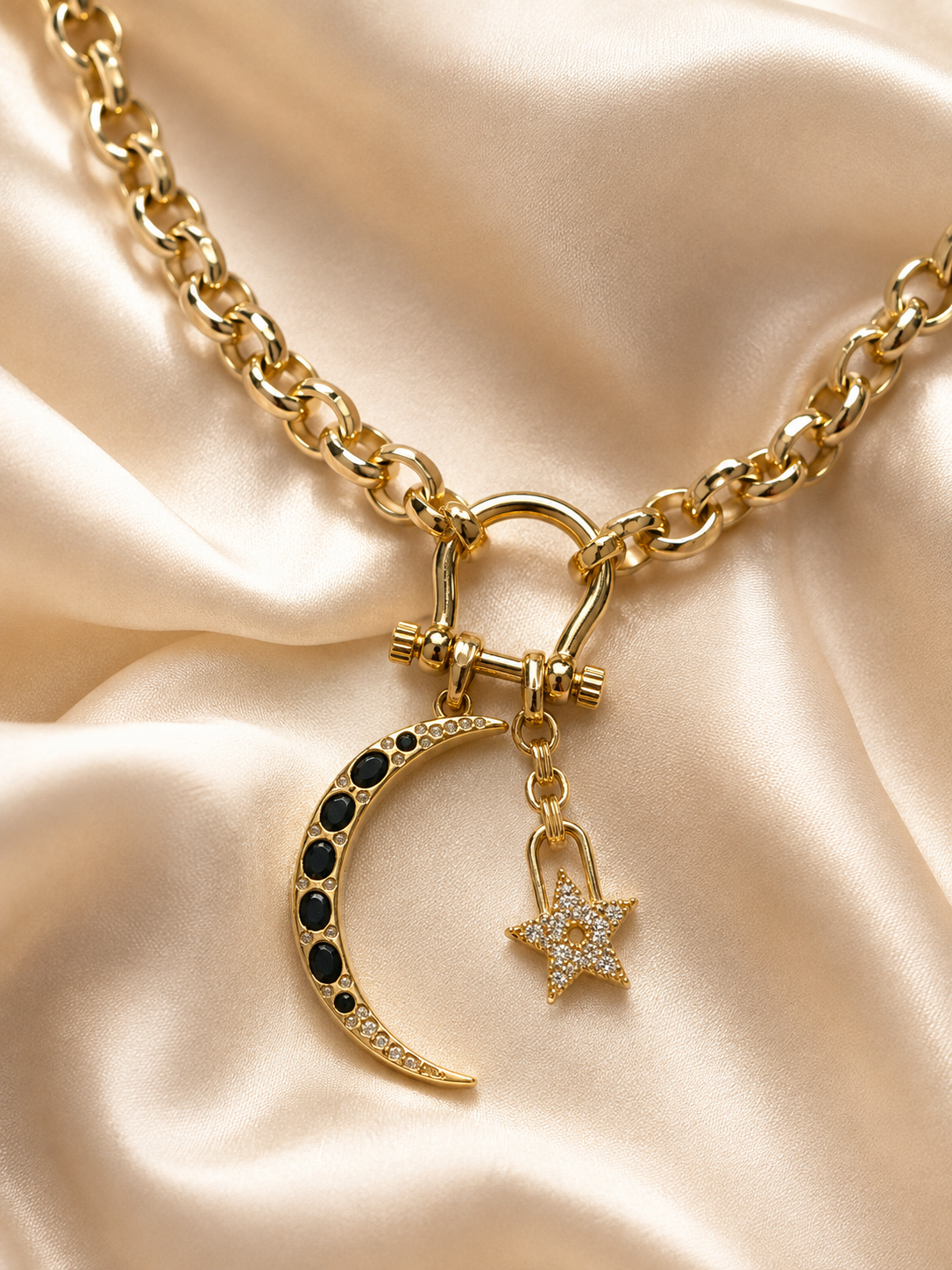Lunara Moon & Star Charm Necklace – Gold Toggle Chain with Black CZ Crescent