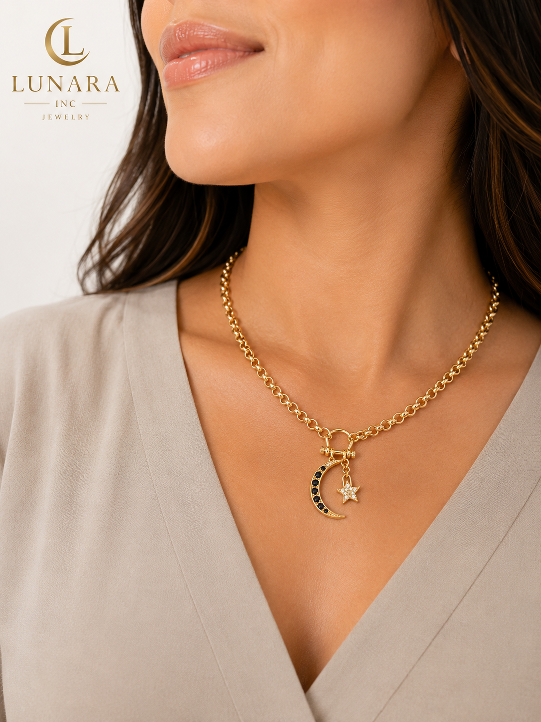Lunara Moon & Star Charm Necklace – Gold Toggle Chain with Black CZ Crescent
