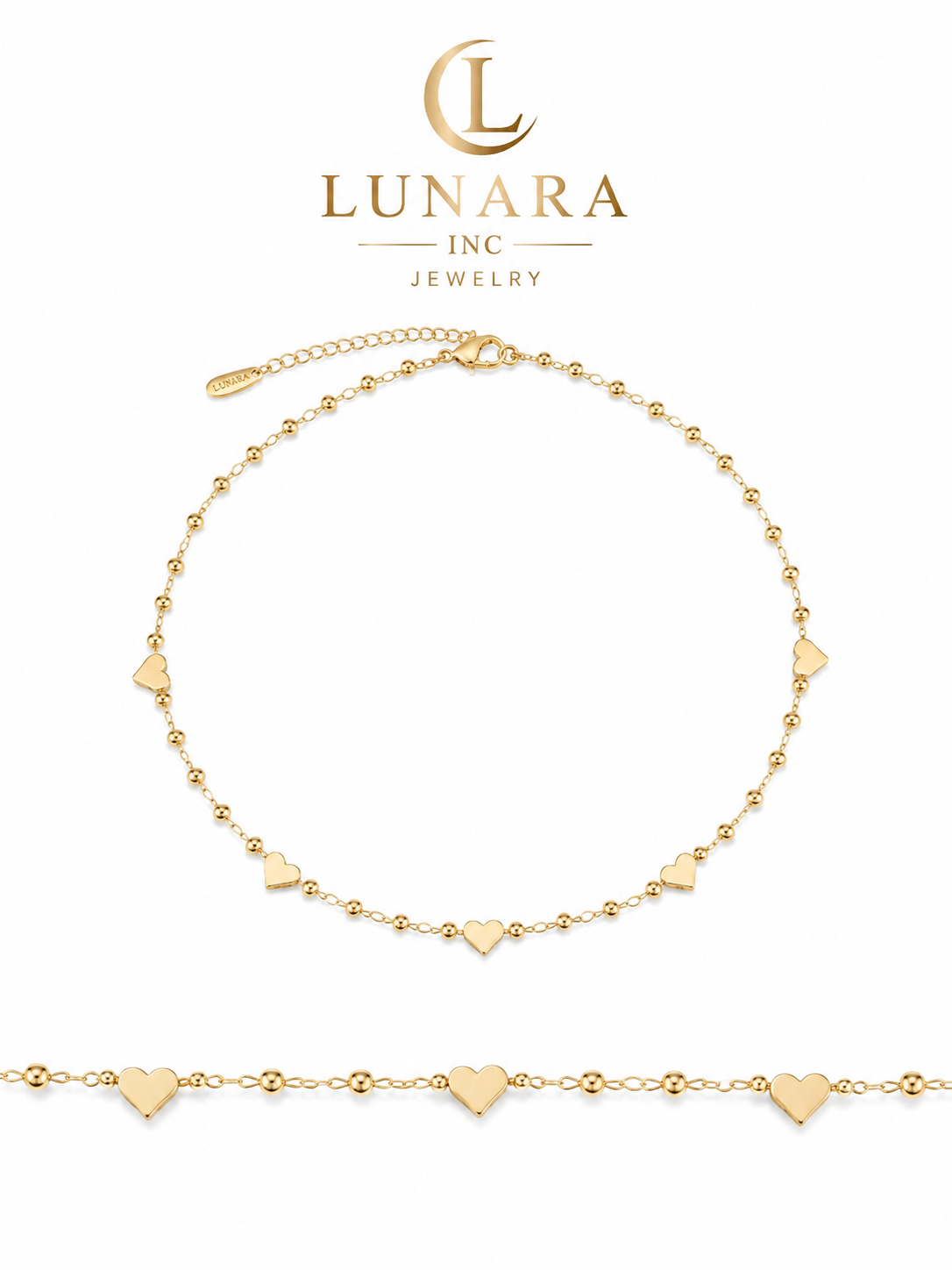 Lunara Gold Heart Choker Necklace – Dainty Beaded Heart Chain for Women