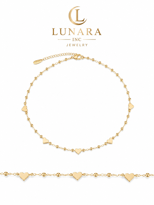 Lunara Gold Heart Choker Necklace – Dainty Beaded Heart Chain for Women