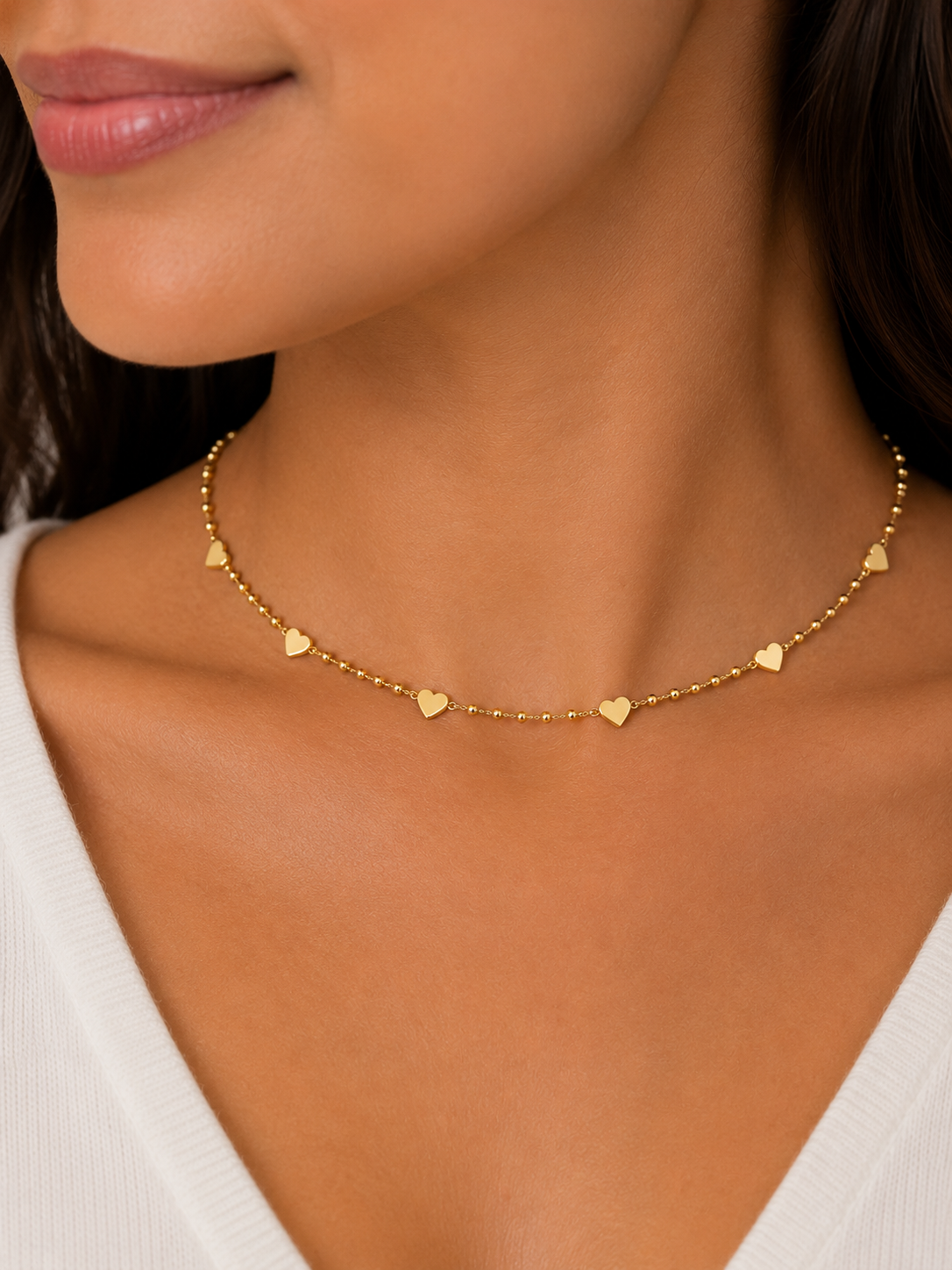 Lunara Gold Heart Choker Necklace – Dainty Beaded Heart Chain for Women