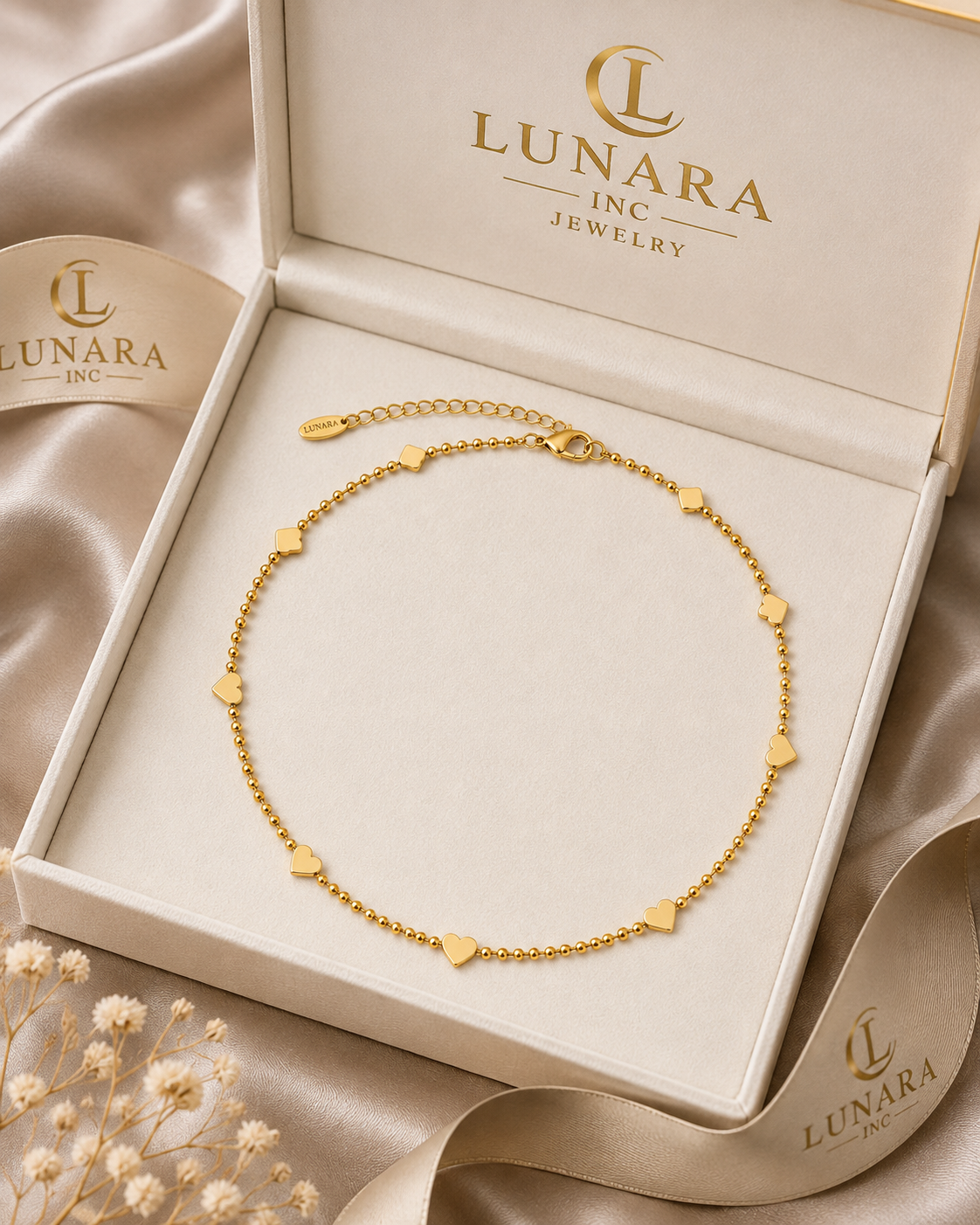 Lunara Gold Heart Choker Necklace – Dainty Beaded Heart Chain for Women