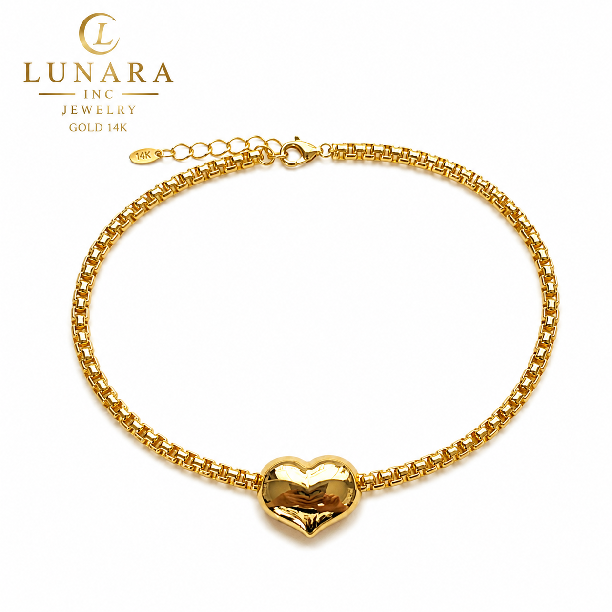 Lunara 14K Gold Heart Choker Necklace – Minimalist Box Chain Heart Pendant for Women