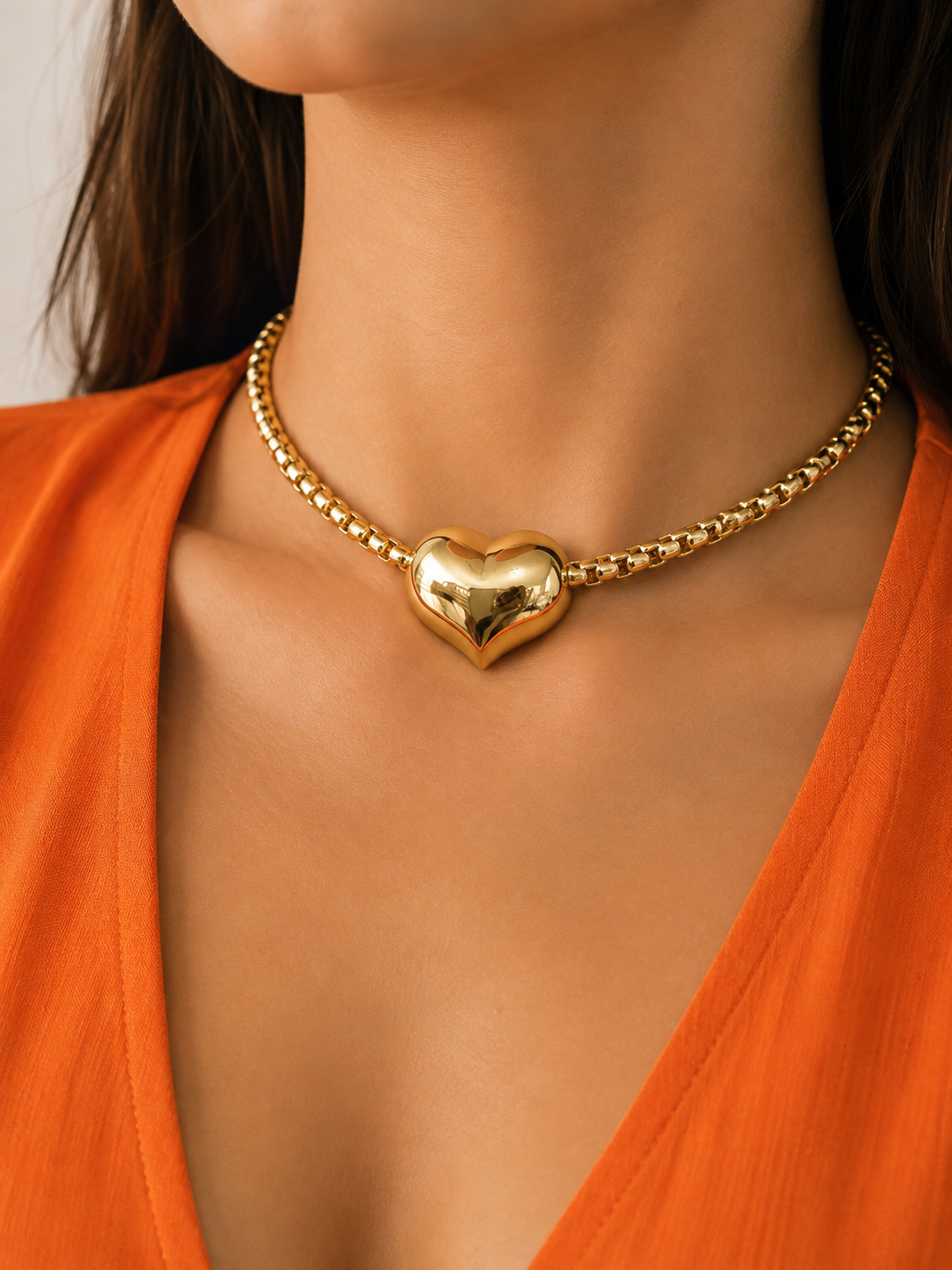 Lunara 14K Gold Heart Choker Necklace – Minimalist Box Chain Heart Pendant for Women