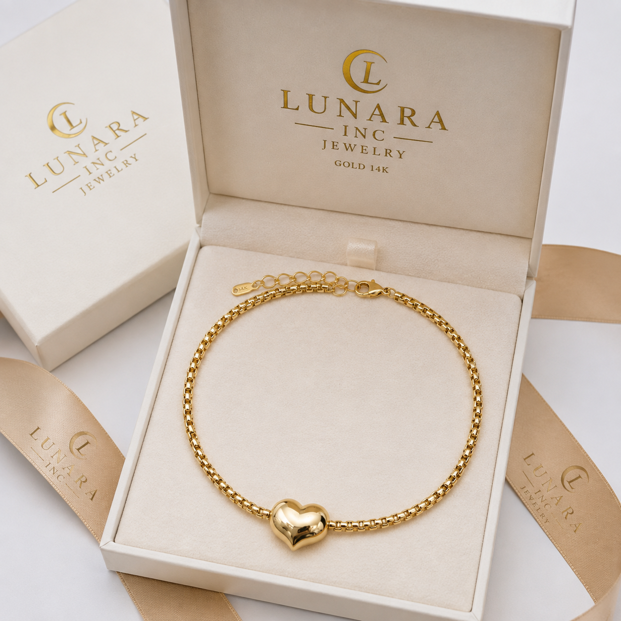Lunara 14K Gold Heart Choker Necklace – Minimalist Box Chain Heart Pendant for Women