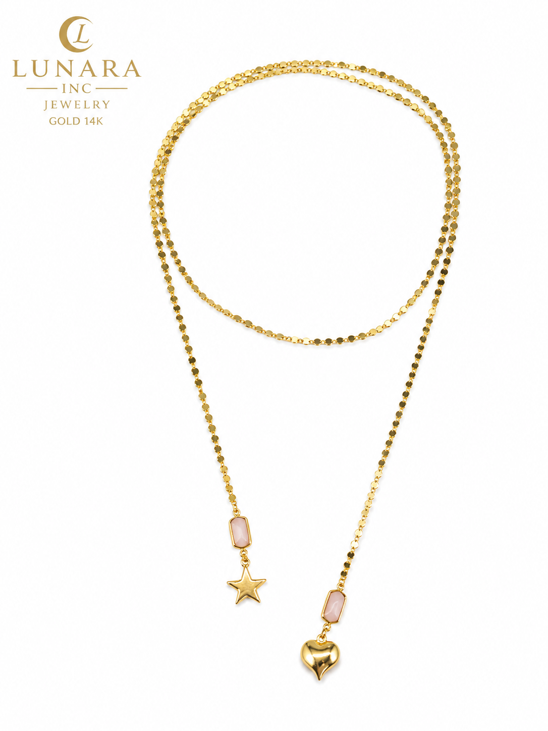 Lunara Gold Layered Lariat Necklace with Heart & Star Charms – Pink Stone Pendant Necklace for Women