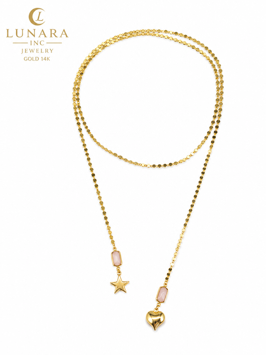 Lunara Gold Layered Lariat Necklace with Heart & Star Charms – Pink Stone Pendant Necklace for Women