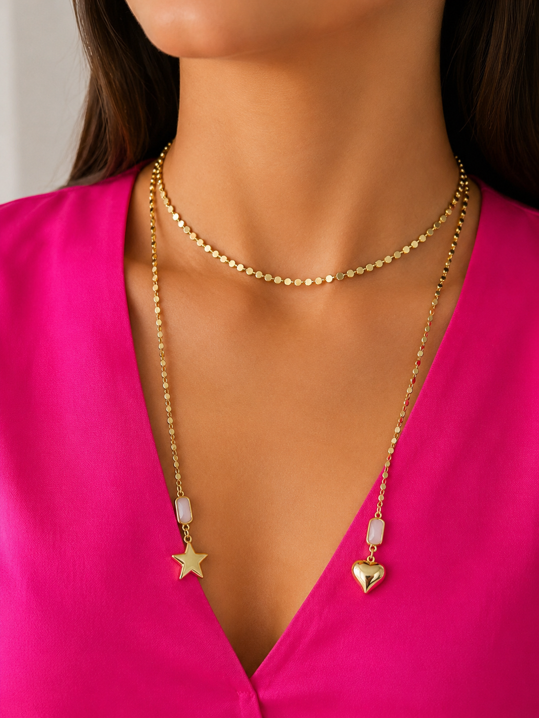 Lunara Gold Layered Lariat Necklace with Heart & Star Charms – Pink Stone Pendant Necklace for Women