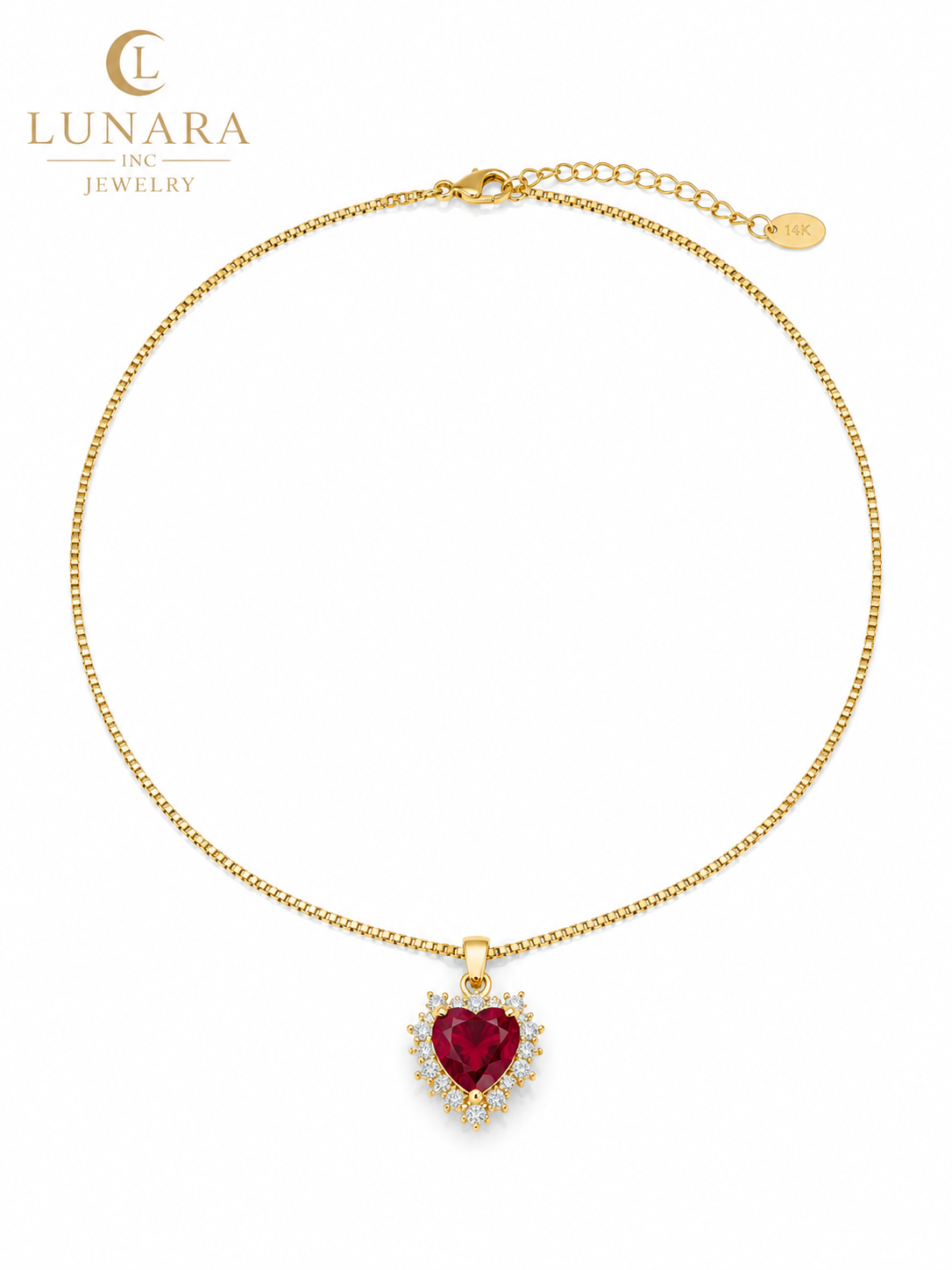 Lunara 14K Gold Ruby Heart Necklace – Red Crystal Heart Pendant with CZ Halo