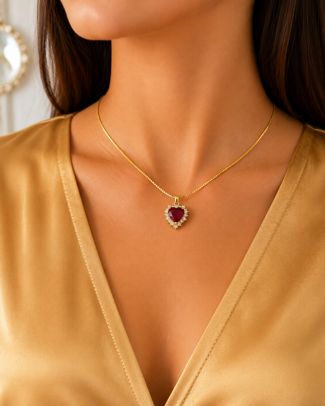 Lunara 14K Gold Ruby Heart Necklace – Red Crystal Heart Pendant with CZ Halo
