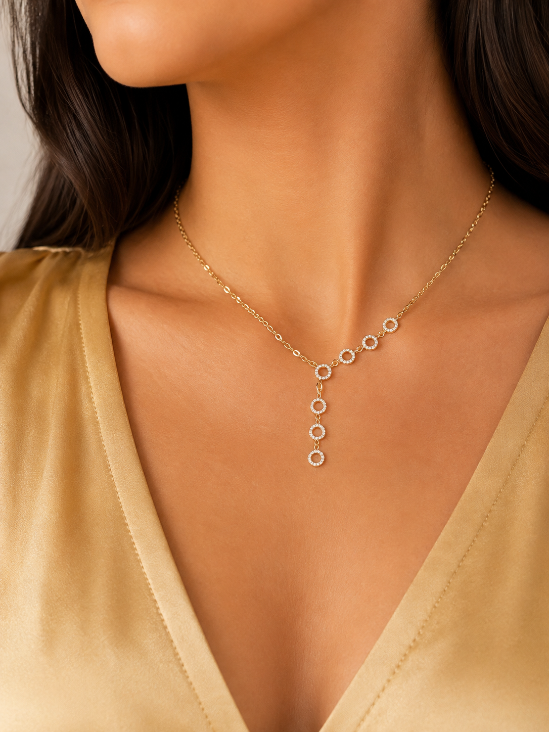 Lunara 14K Gold CZ Circle Lariat Necklace – Elegant Y Necklace for Women