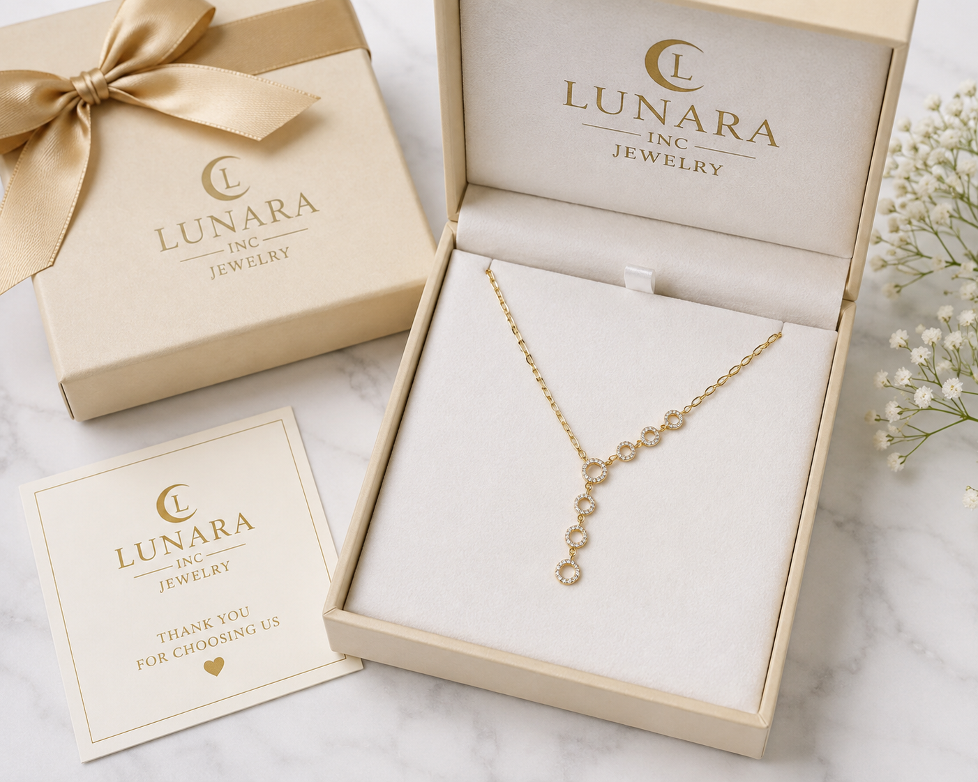 Lunara 14K Gold CZ Circle Lariat Necklace – Elegant Y Necklace for Women