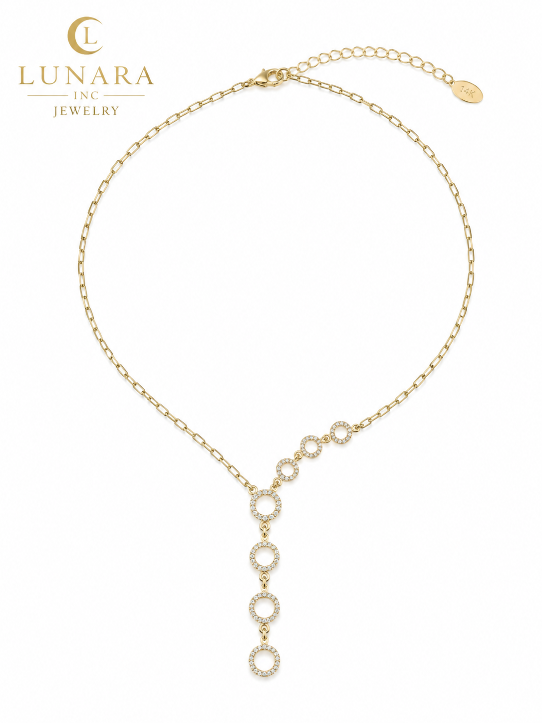 Lunara 14K Gold CZ Circle Lariat Necklace – Elegant Y Necklace for Women