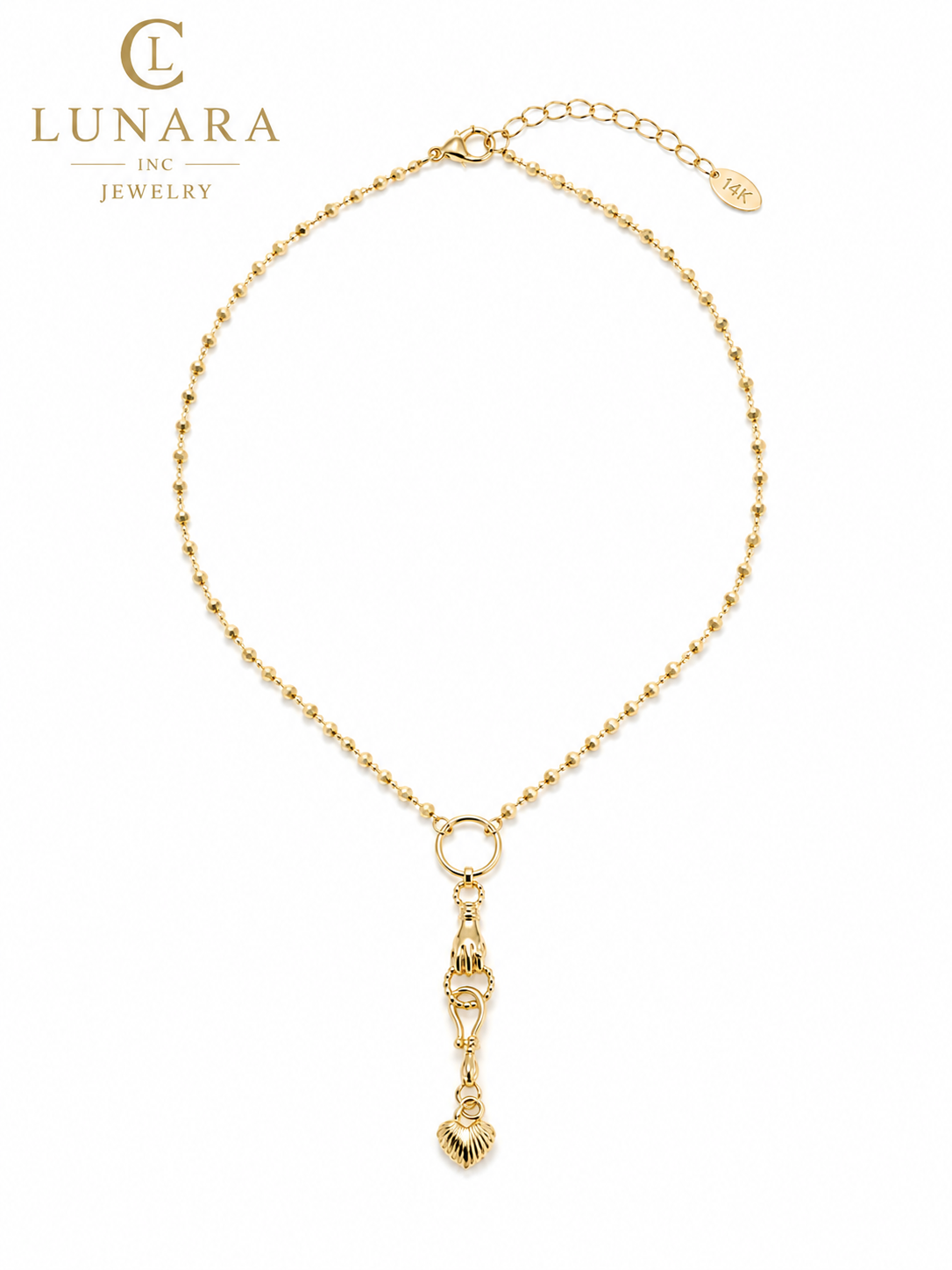 Lunara 14K Gold Hand & Heart Lariat Necklace – Vintage Charm Y Necklace for Women