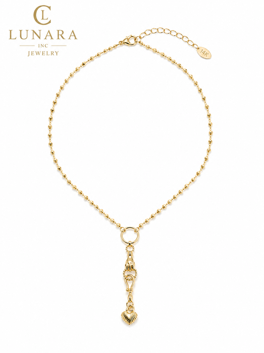 Lunara 14K Gold Hand & Heart Lariat Necklace – Vintage Charm Y Necklace for Women