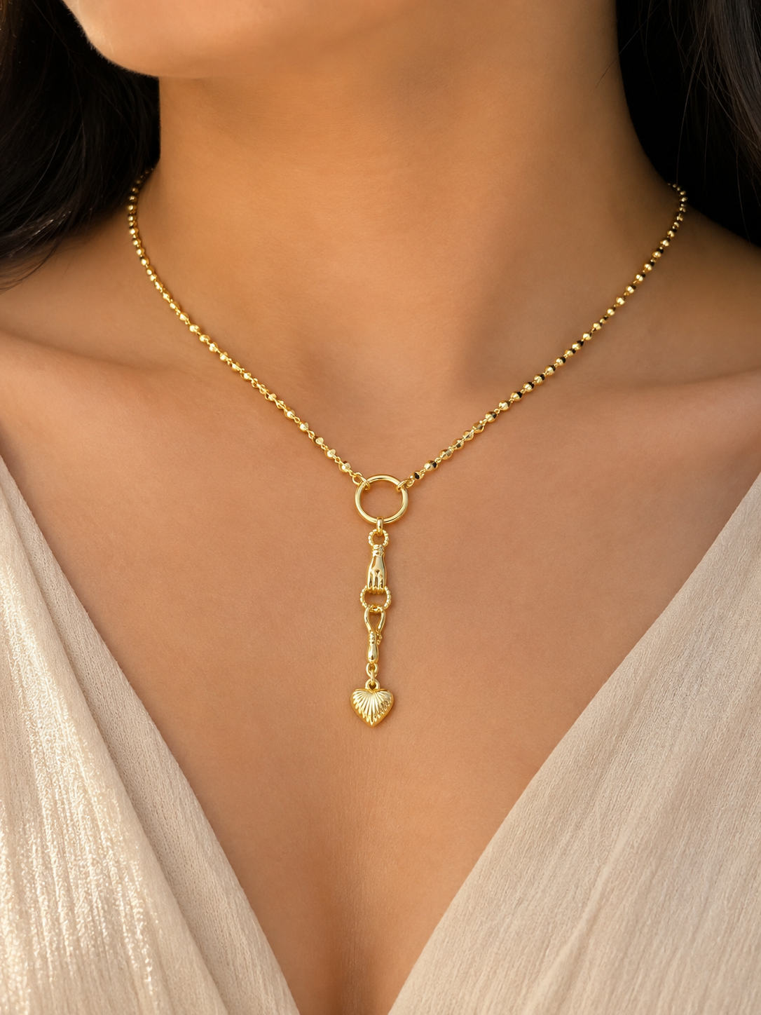 Lunara 14K Gold Hand & Heart Lariat Necklace – Vintage Charm Y Necklace for Women