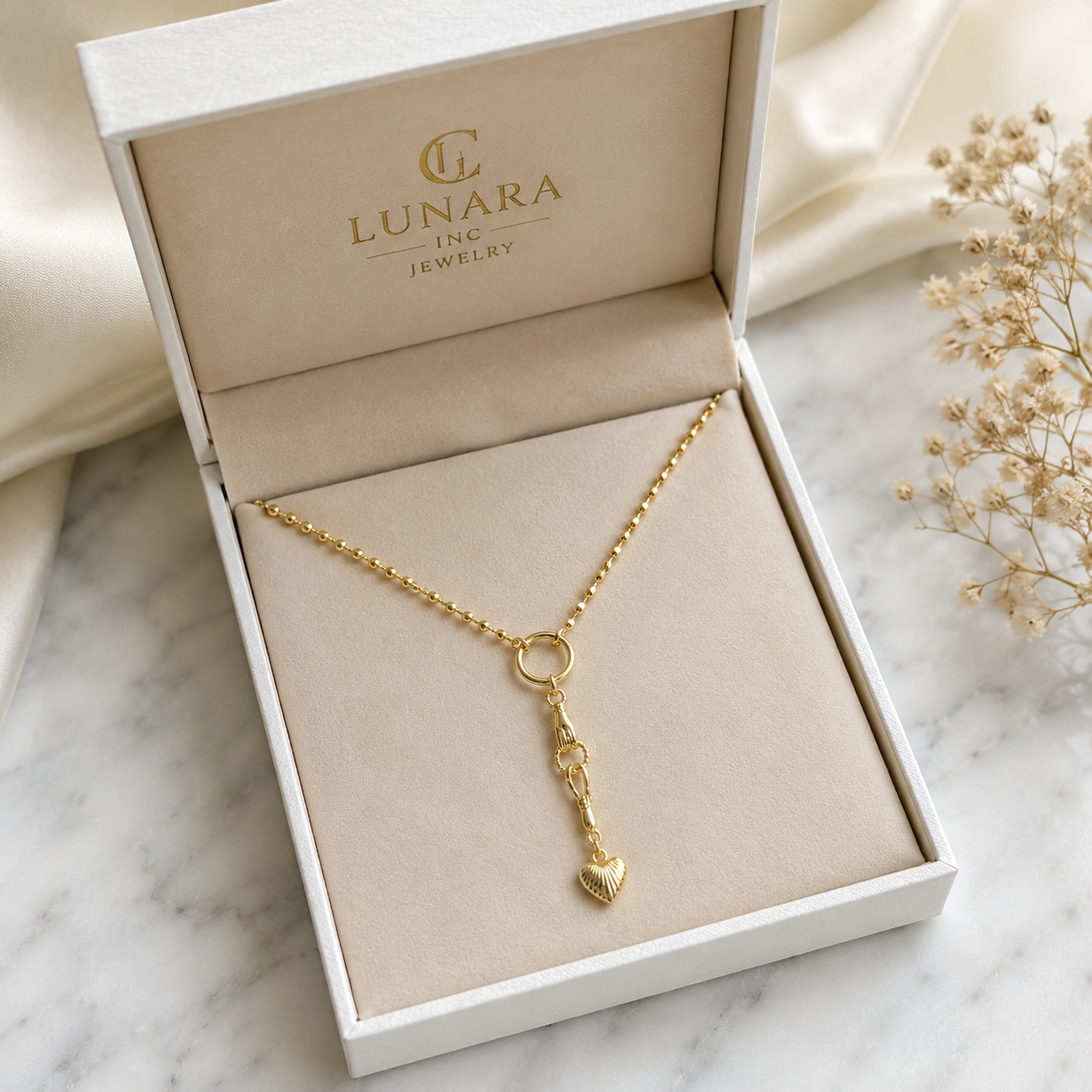 Lunara 14K Gold Hand & Heart Lariat Necklace – Vintage Charm Y Necklace for Women