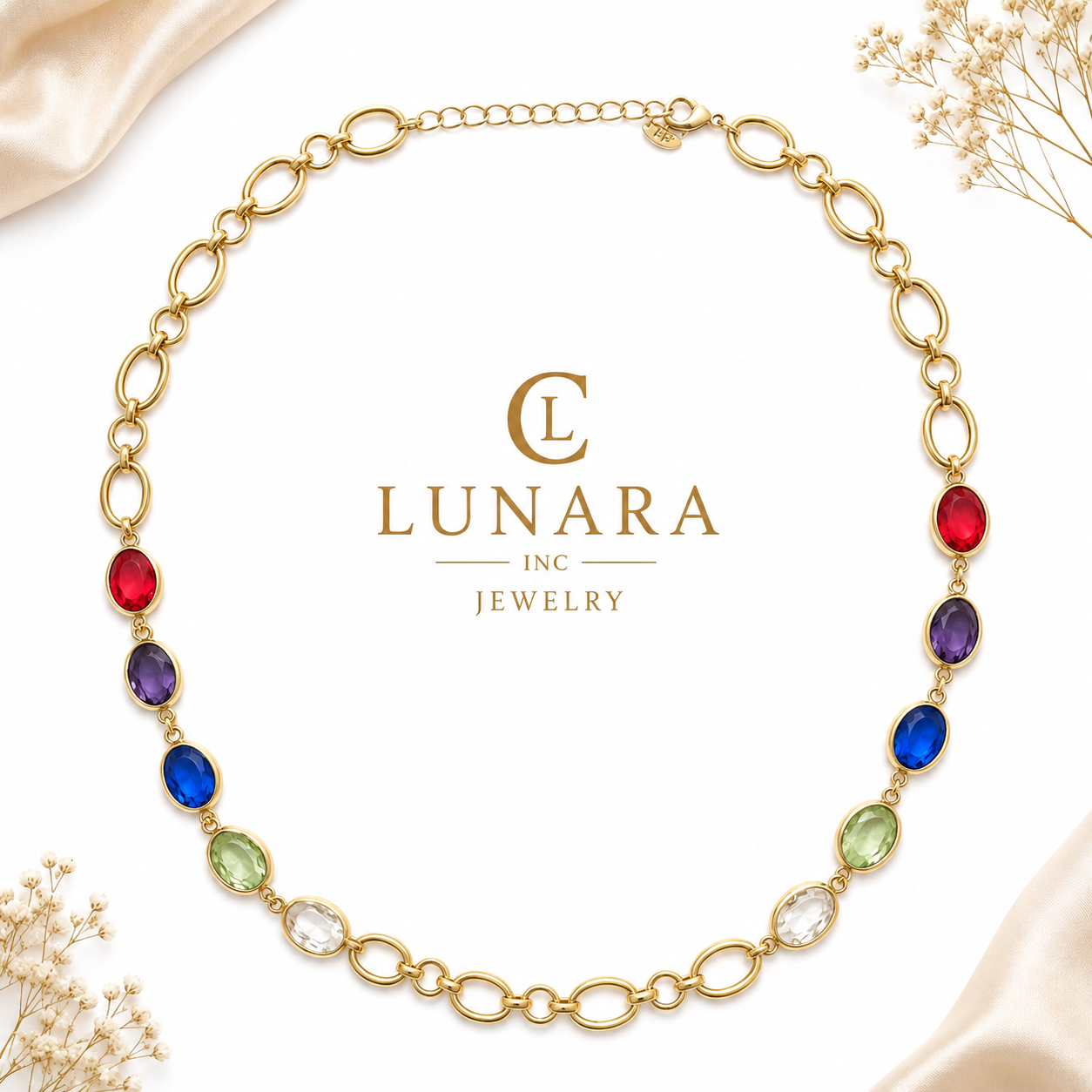 Lunara 14K Gold Multi-Color Gemstone Link Necklace – Elegant Statement Chain for Women