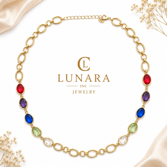 Lunara 14K Gold Multi-Color Gemstone Link Necklace – Elegant Statement Chain for Women