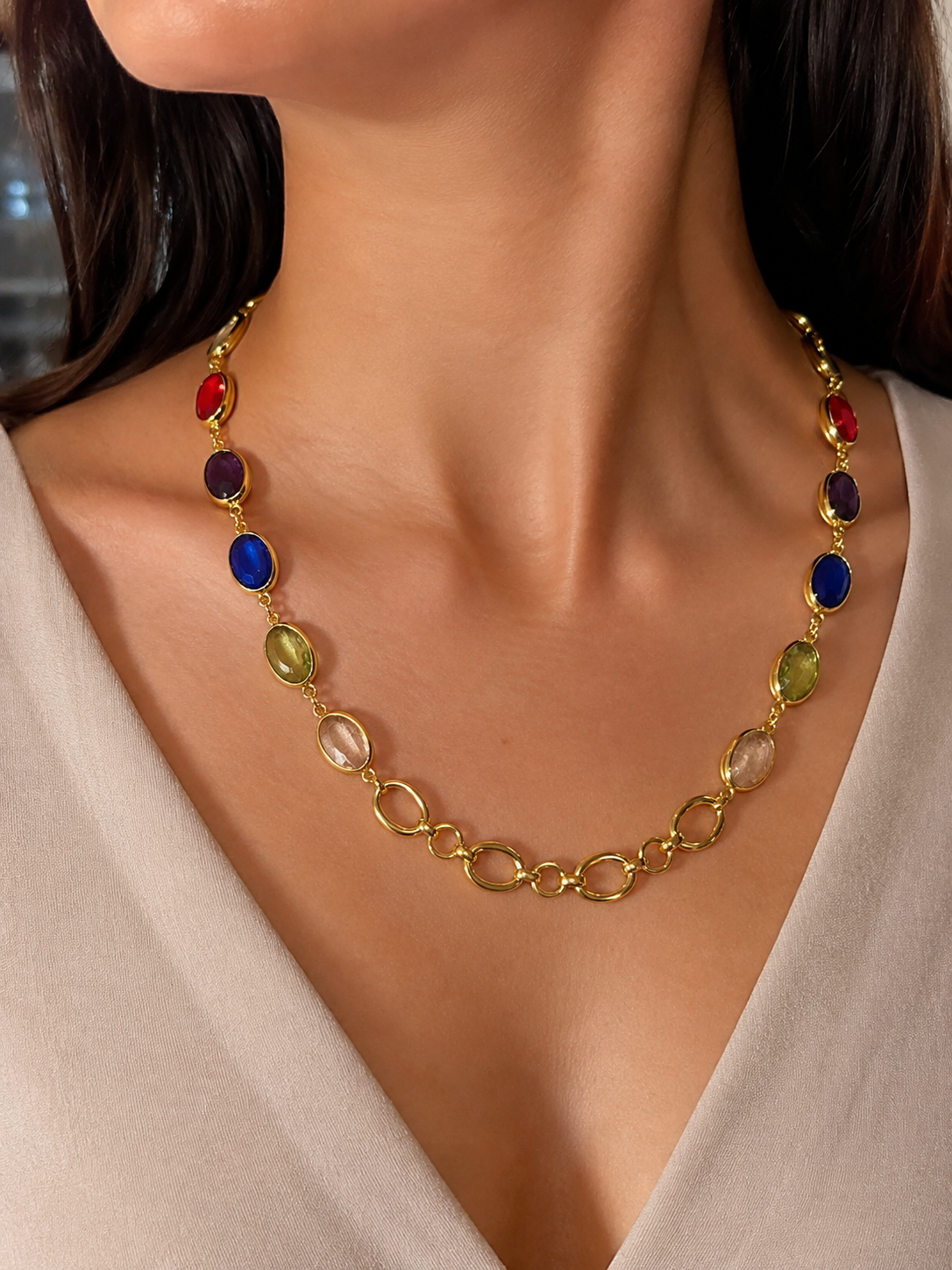 Lunara 14K Gold Multi-Color Gemstone Link Necklace – Elegant Statement Chain for Women