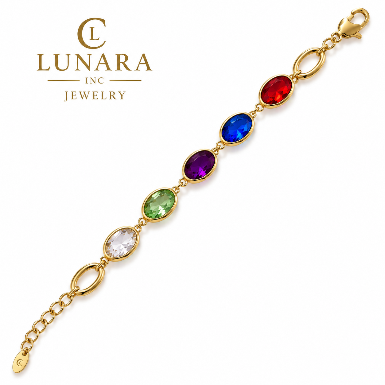 Lunara 14K Gold Multi-Color Gemstone Bracelet – Rainbow Crystal Link Bracelet for Women