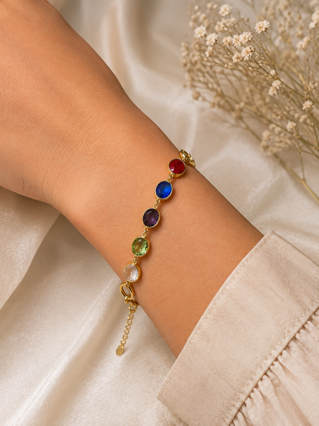 Lunara 14K Gold Multi-Color Gemstone Bracelet – Rainbow Crystal Link Bracelet for Women
