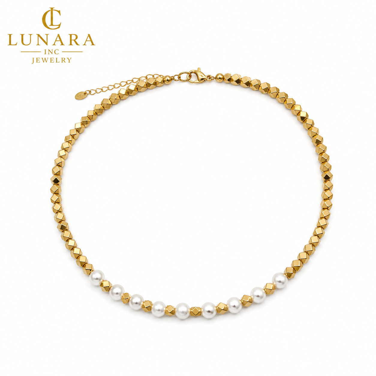 Lunara 14K Gold Pearl Beaded Choker Necklace – 6mm Pearl Minimalist Necklace for Women