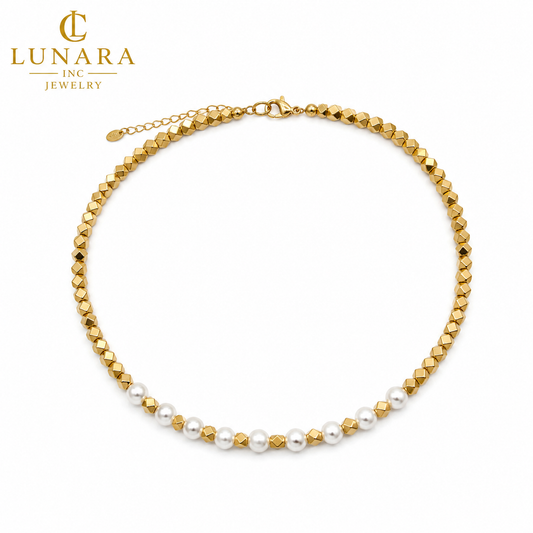Lunara 14K Gold Pearl Beaded Choker Necklace – 6mm Pearl Minimalist Necklace for Women