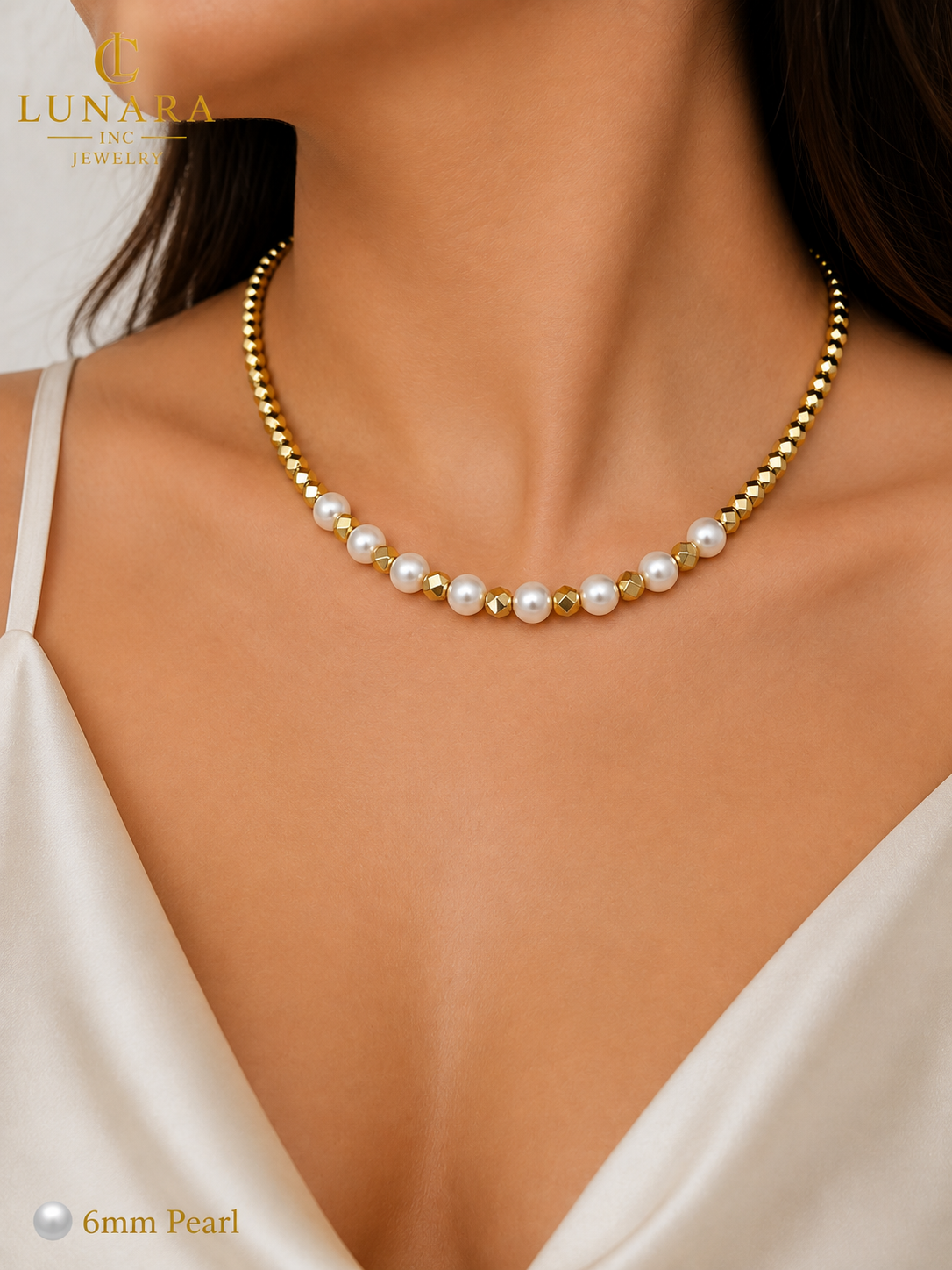Lunara 14K Gold Pearl Beaded Choker Necklace – 6mm Pearl Minimalist Necklace for Women