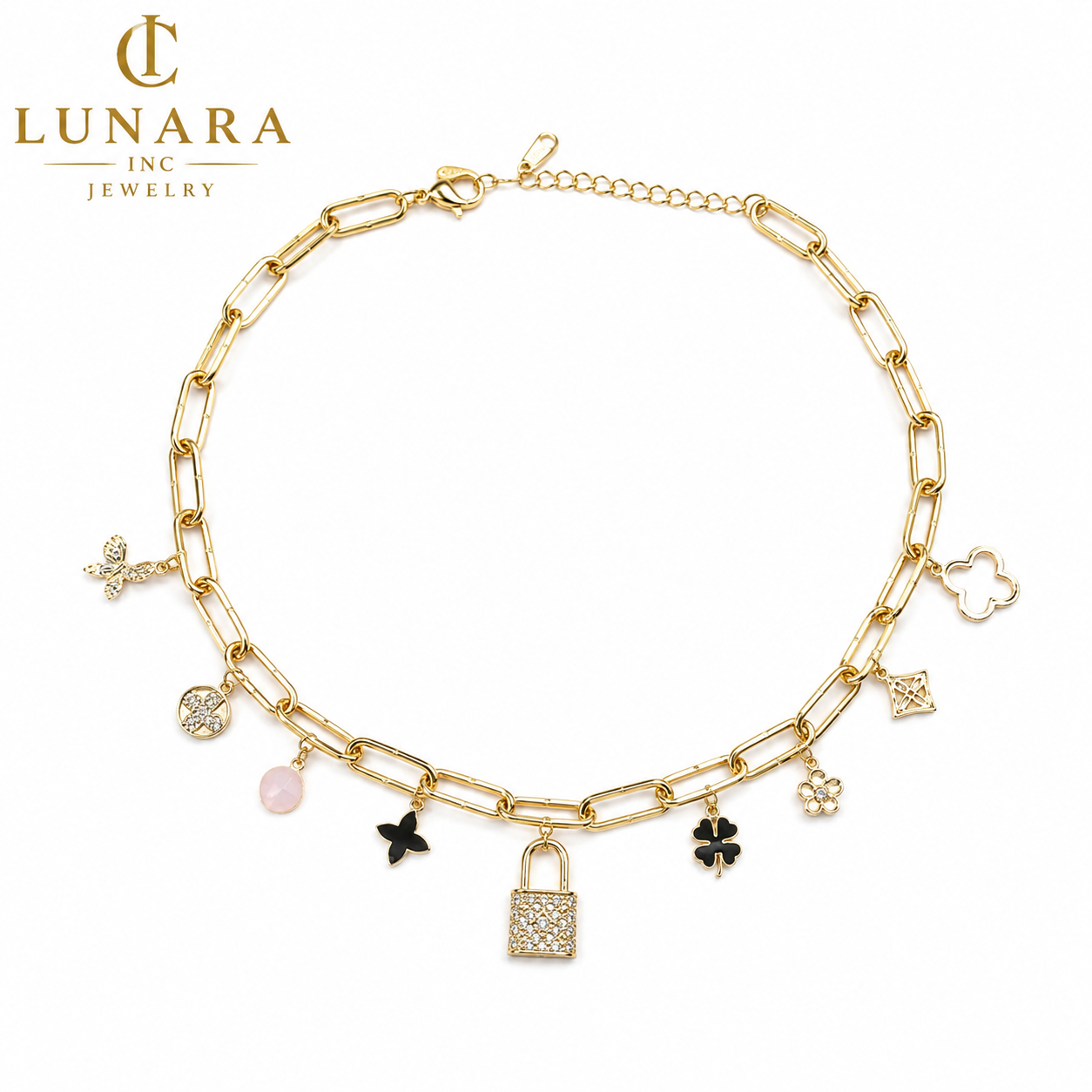 Lunara 14K Gold Paperclip Charm Choker Necklace – Lucky Clover & Lock Charm Necklace for Women