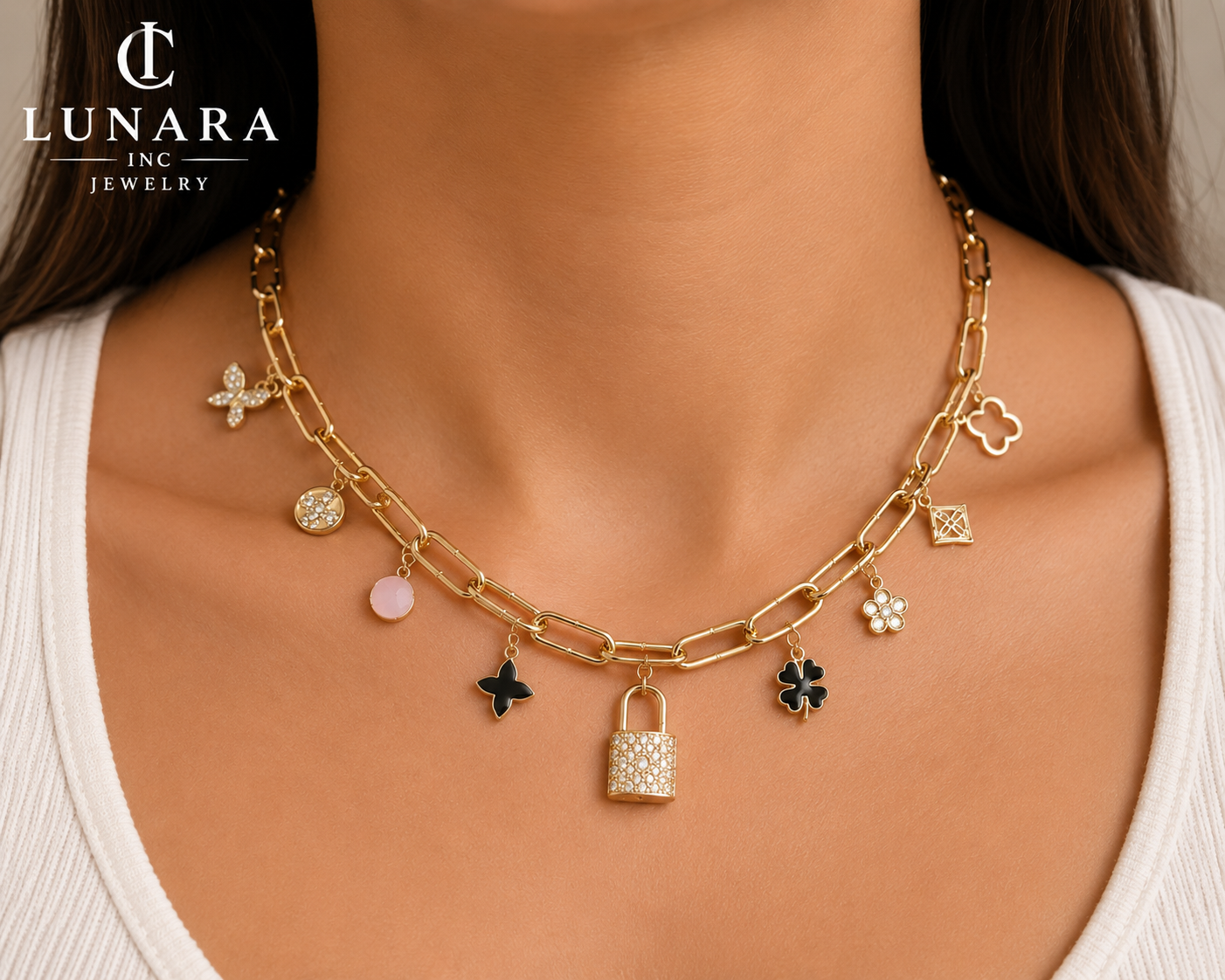 Lunara 14K Gold Paperclip Charm Choker Necklace – Lucky Clover & Lock Charm Necklace for Women
