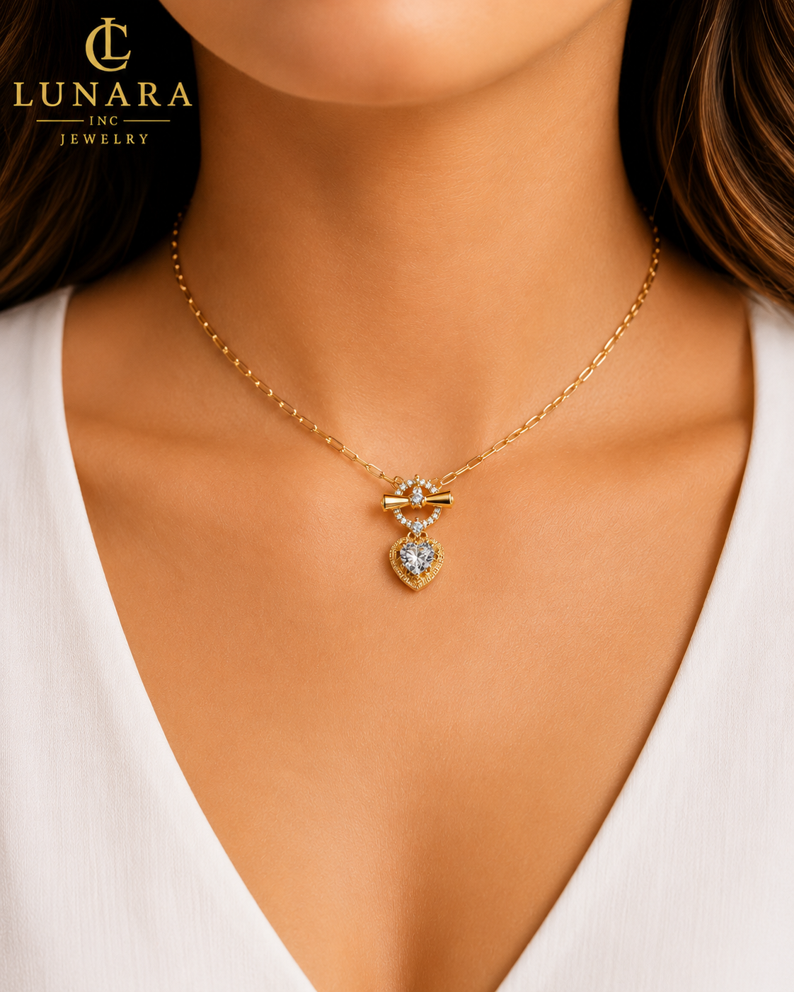 Lunara 14K Gold Heart Charm Necklace – CZ Bow & Heart Pendant Necklace for Women