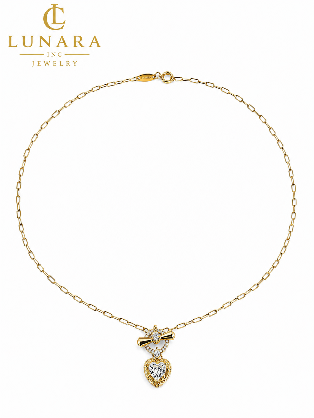 Lunara 14K Gold Heart Charm Necklace – CZ Bow & Heart Pendant Necklace for Women