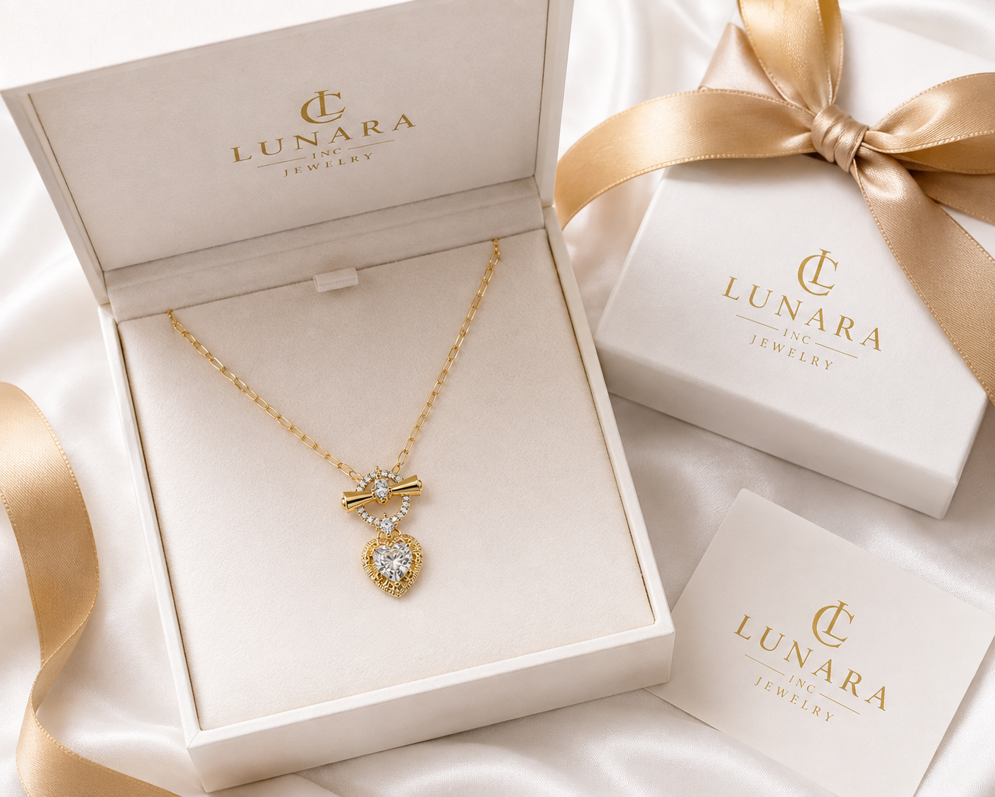 Lunara 14K Gold Heart Charm Necklace – CZ Bow & Heart Pendant Necklace for Women