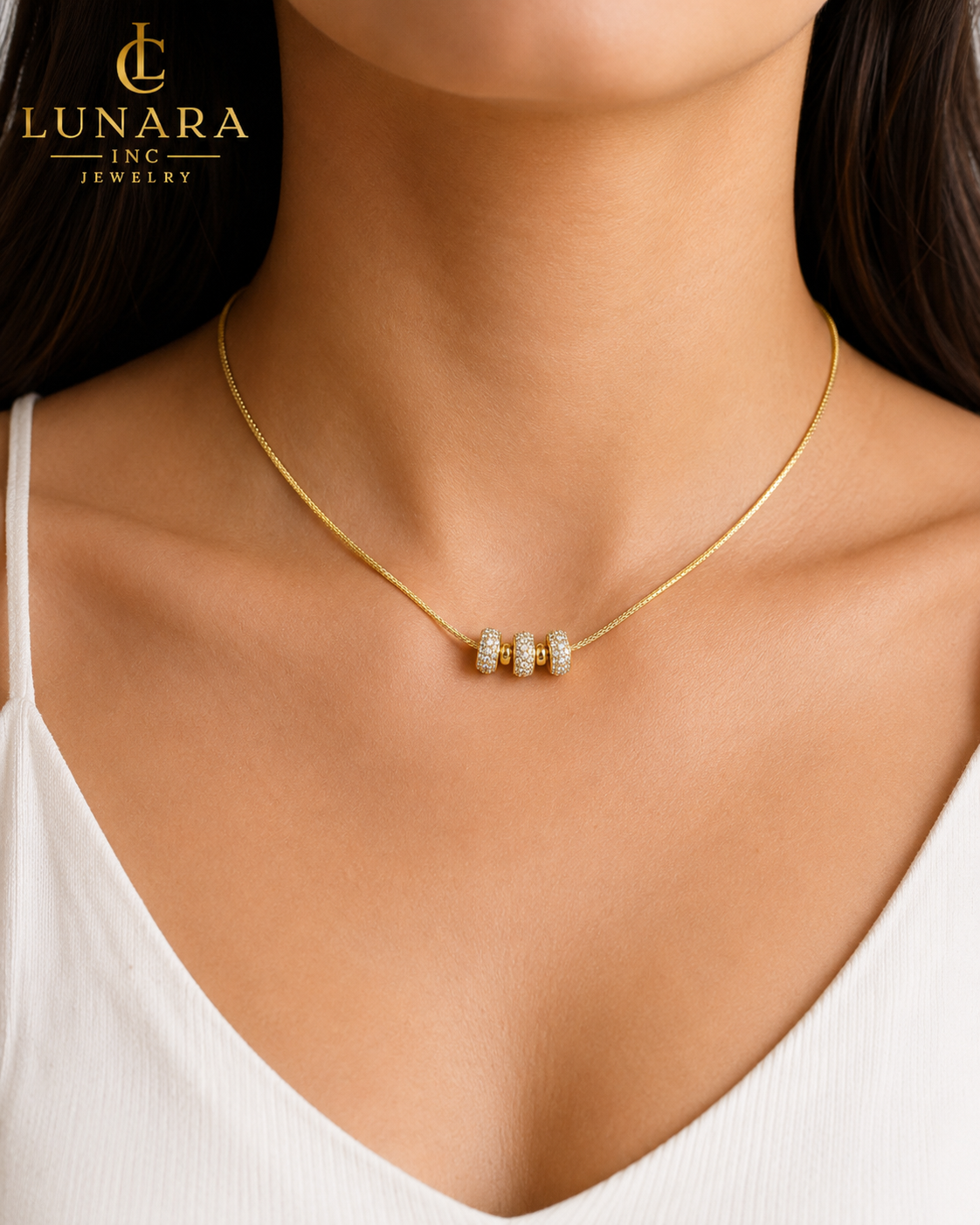 Lunara 14K Gold CZ Bead Necklace – Minimalist Snake Chain Necklace for Women