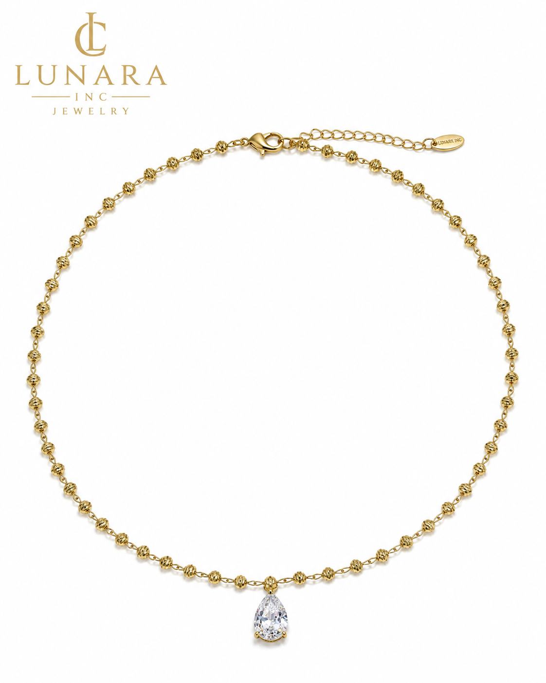 Lunara 14K Gold Teardrop CZ Necklace – Dainty Beaded Chain Pendant Necklace for Women