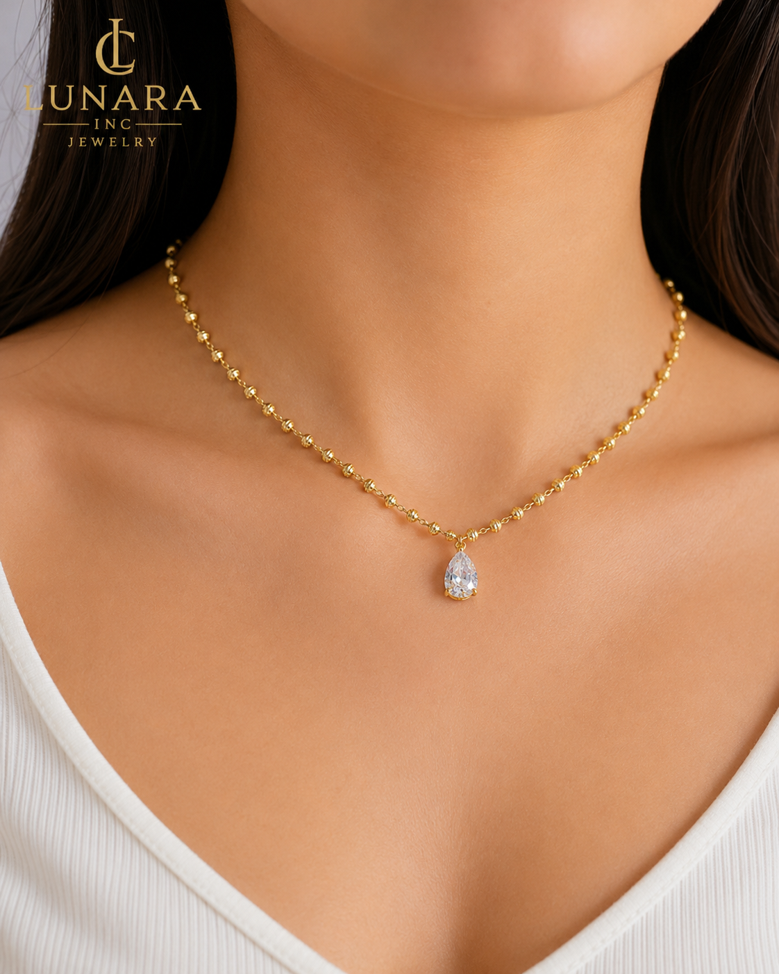 Lunara 14K Gold Teardrop CZ Necklace – Dainty Beaded Chain Pendant Necklace for Women