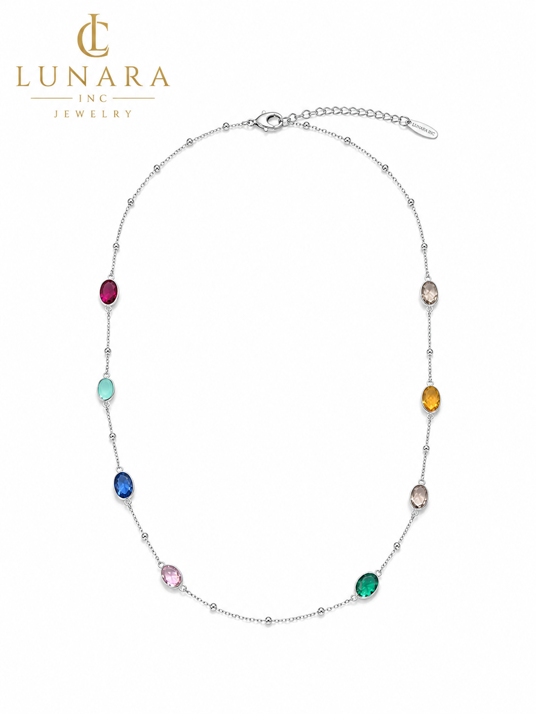 Lunara Silver Multi-Color Crystal Station Necklace – Long Bezel Gemstone Necklace for Women