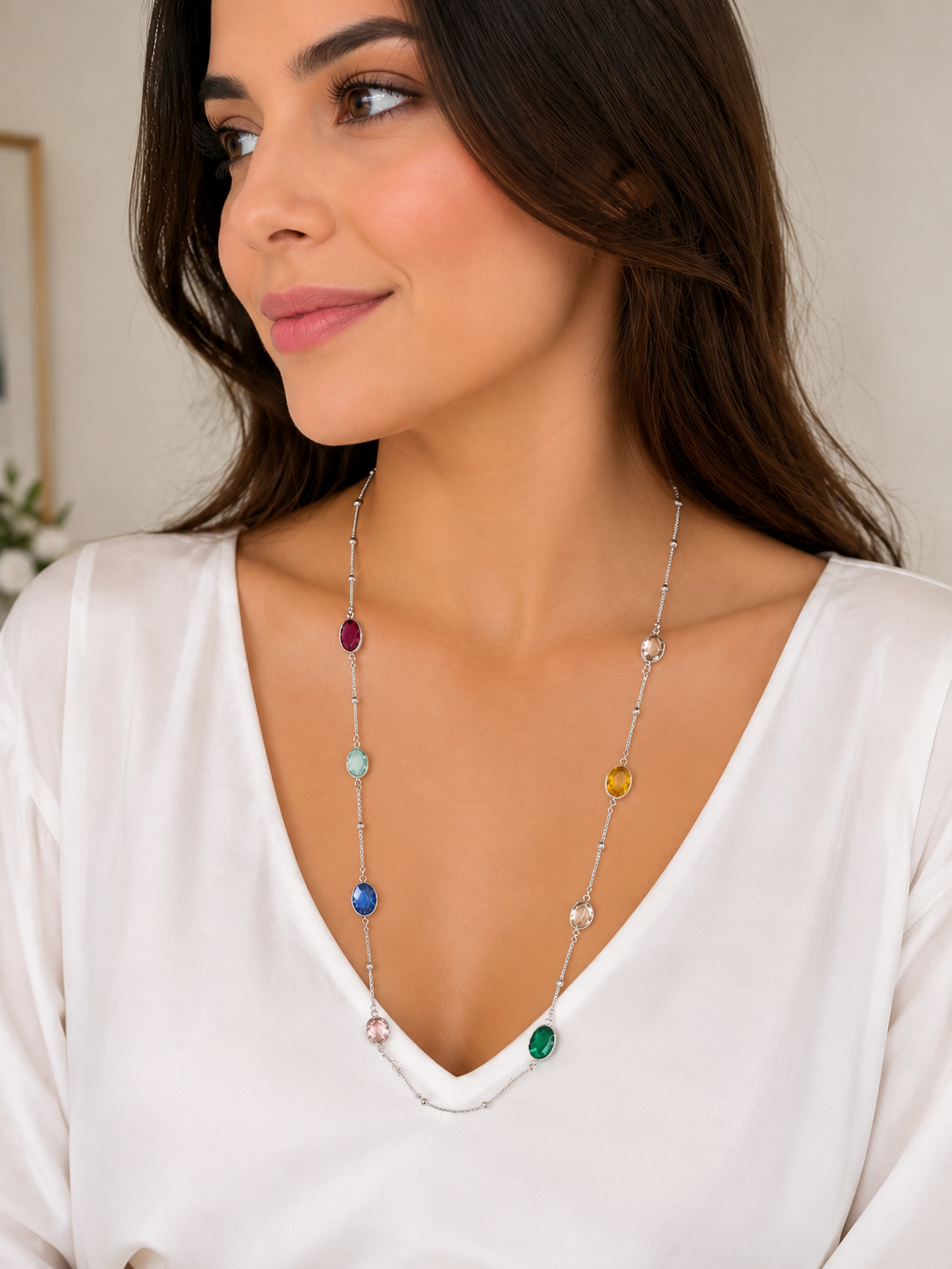 Lunara Silver Multi-Color Crystal Station Necklace – Long Bezel Gemstone Necklace for Women
