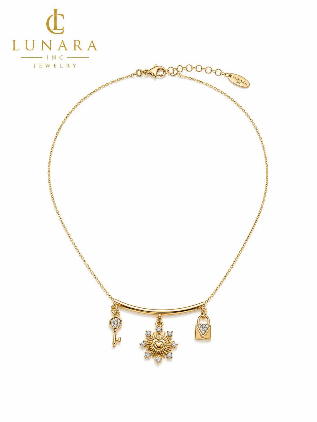 Lunara 14K Gold Lucky Charm Necklace – Key, Heart Sun & Lock Charm Necklace for Women