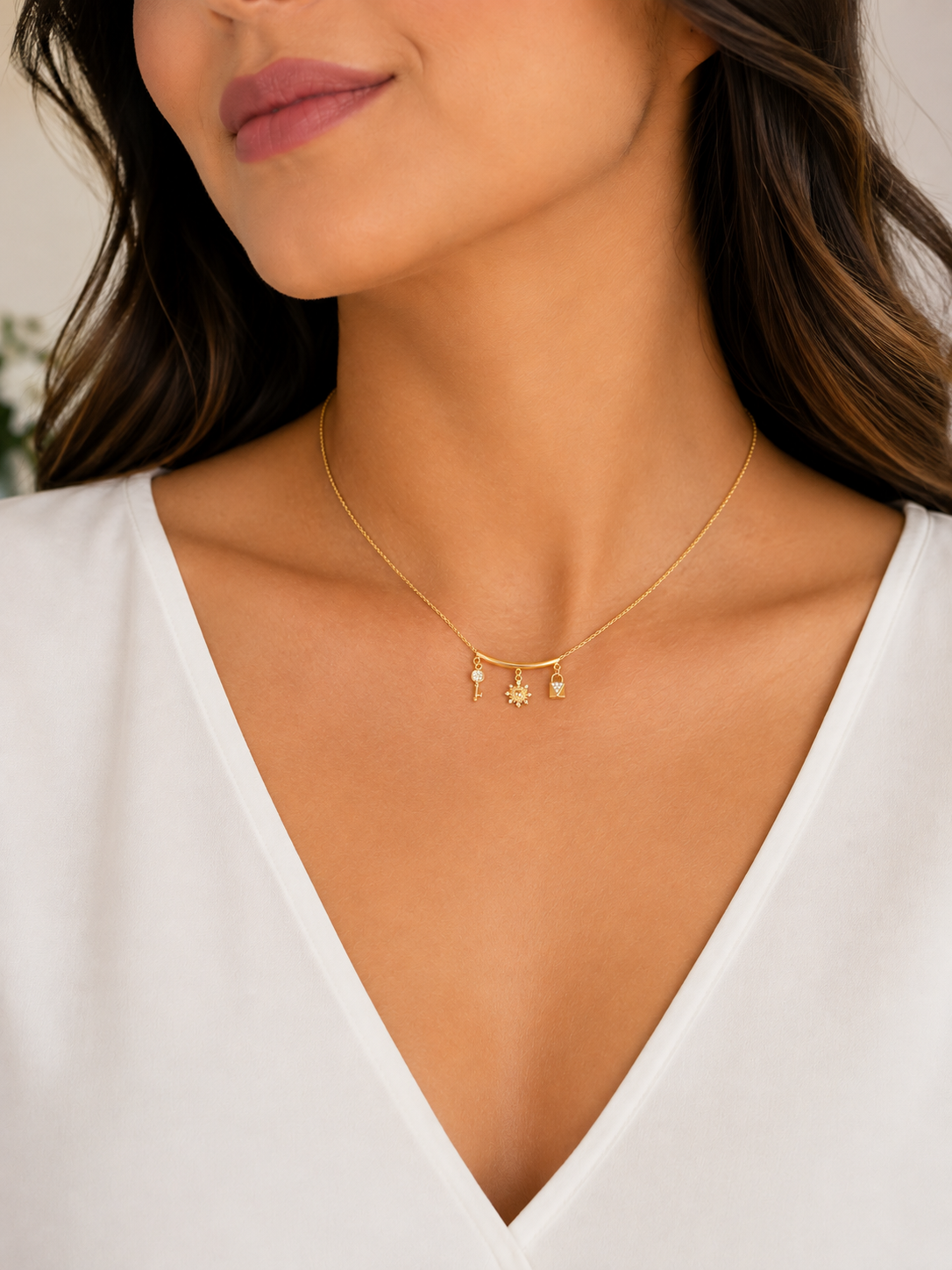 Lunara 14K Gold Lucky Charm Necklace – Key, Heart Sun & Lock Charm Necklace for Women