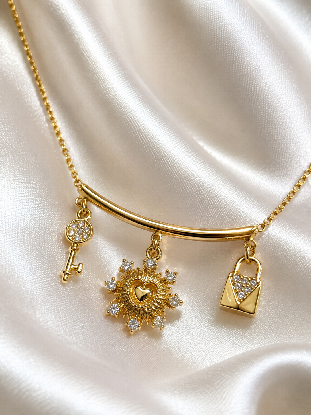 Lunara 14K Gold Lucky Charm Necklace – Key, Heart Sun & Lock Charm Necklace for Women