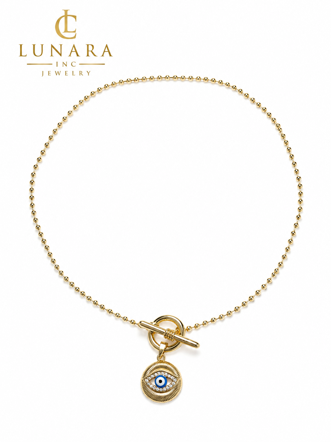 Lunara 14K Gold Evil Eye Toggle Necklace – Protection Charm Beaded Necklace for Women