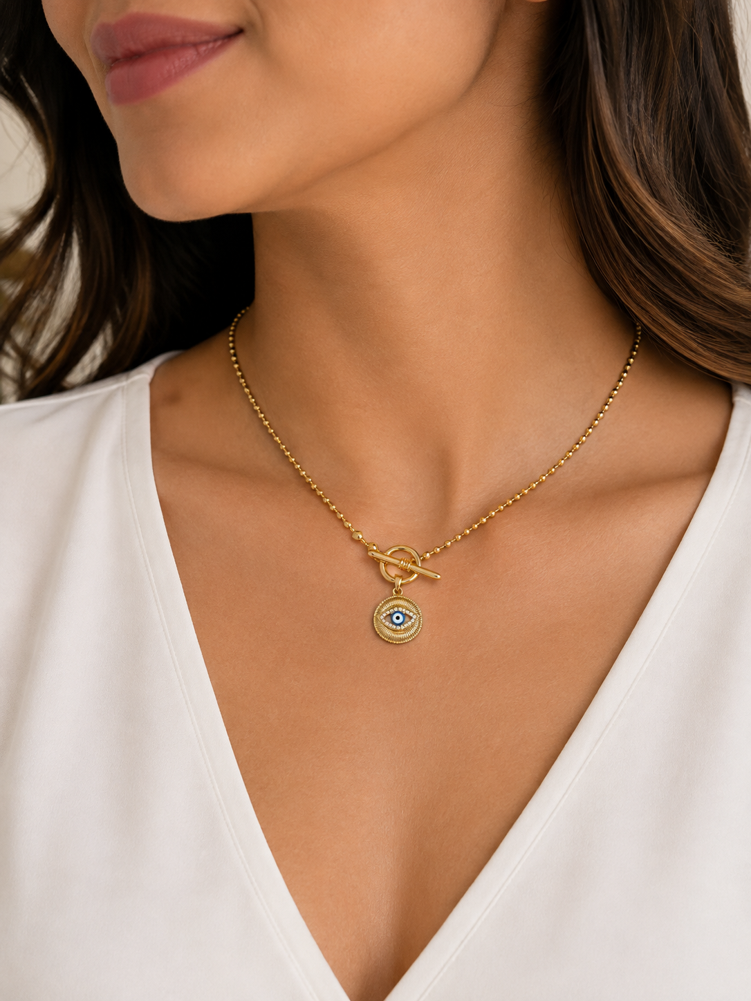 Lunara 14K Gold Evil Eye Toggle Necklace – Protection Charm Beaded Necklace for Women
