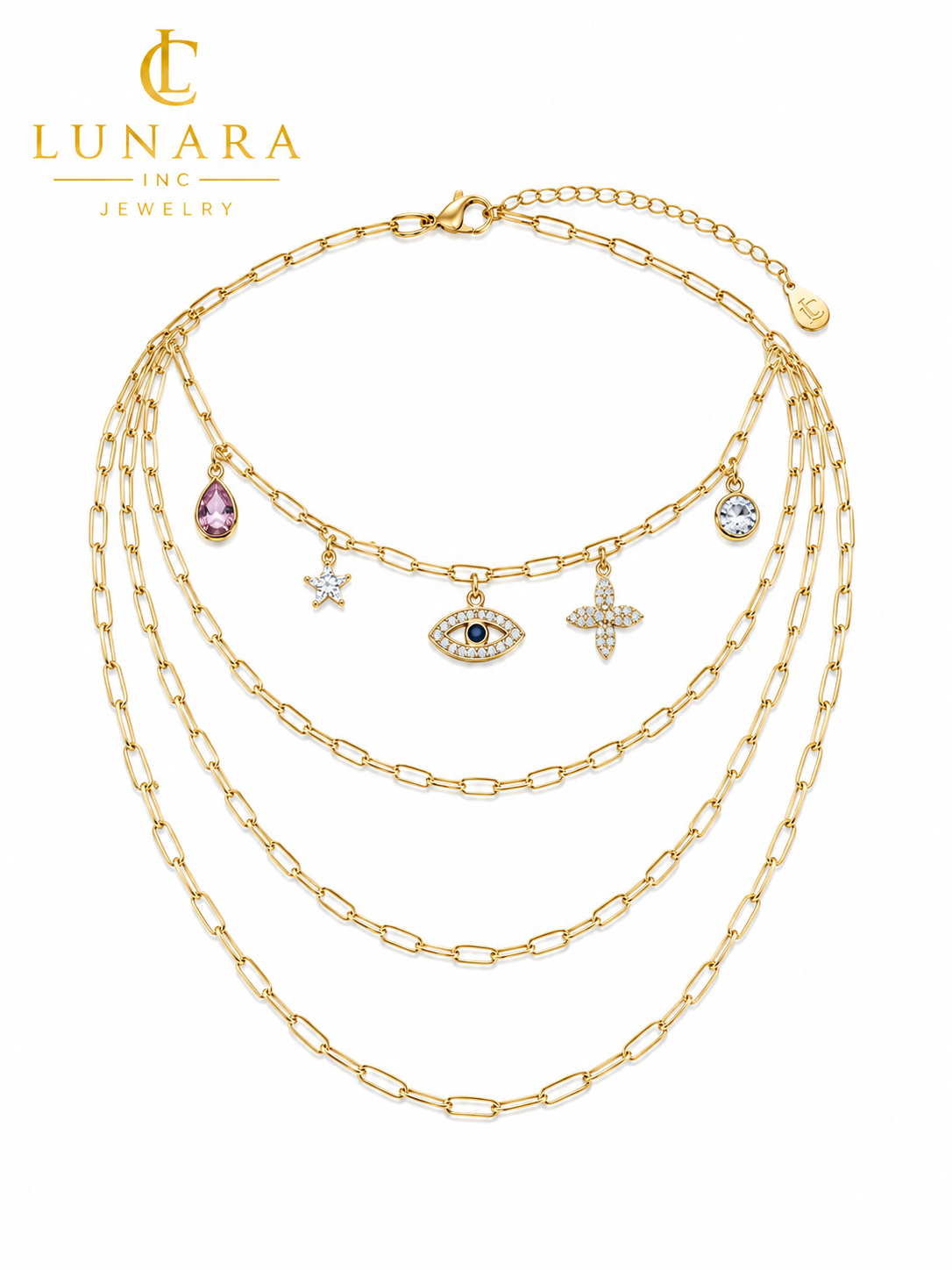Lunara 14K Gold Layered Paperclip Charm Necklace – 4 Layer Evil Eye & Crystal Charm Necklace for Women